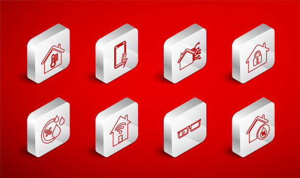 设置线路房屋湿度，移动充电电池，智能家居，保护下，眼镜，温度，带有wi-fi和湿度图标。向量图片下载