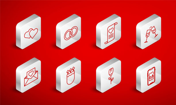 集线移动与心，结婚戒指，信封情人节，玻璃香槟，玫瑰，心，箭袋和图标。向量图片下载