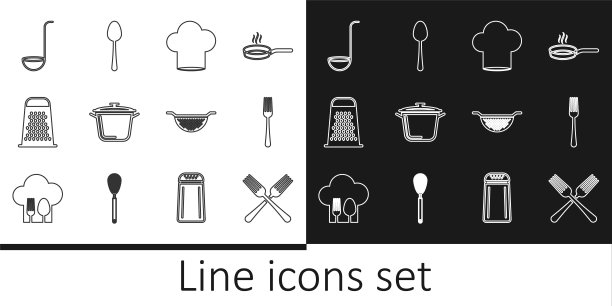 设置线交叉叉子，叉子，厨师帽，烹饪锅，刨丝器，厨房勺子，滤器和勺子图标。向量图片下载