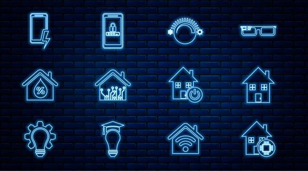 设置线路智能家居、家居、恒温器、湿度、手机充电电池和密码保护图标。向量图片下载