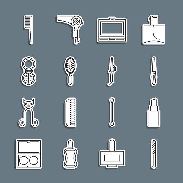 设置线指甲锉，口红，化妆粉镜，发刷，卷发器图标。向量图片下载