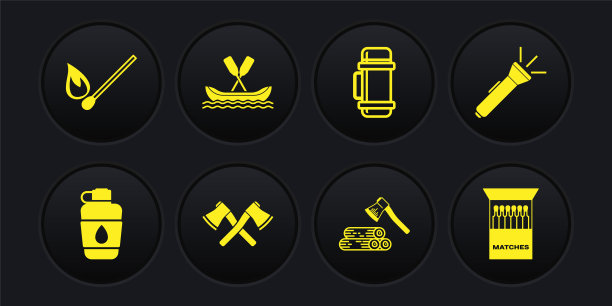 设置水壶水壶，手电筒，交叉木斧，木制和，热水瓶，漂流船，打开火柴盒火柴和燃烧与火的图标。向量图片下载