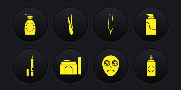 设置眼线笔，眉毛，霜化妆品管，面膜，眉钳，喷雾罐和瓶的液体肥皂图标。向量图片下载