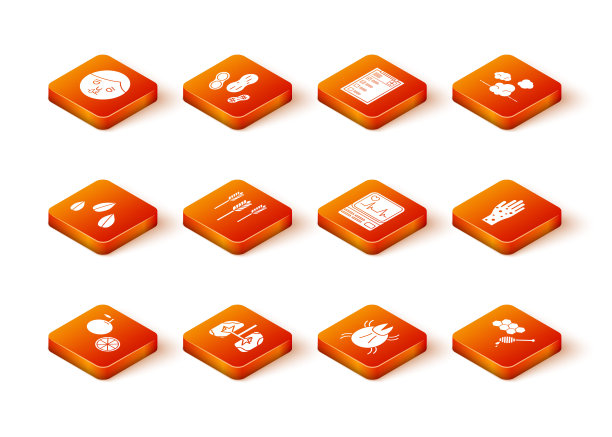 集橙果、肺、芝麻、小麦、寄生虫、心电图监测器、蜂窝状蜂蜜勺、手部牛皮癣湿疹图标。向量图片下载