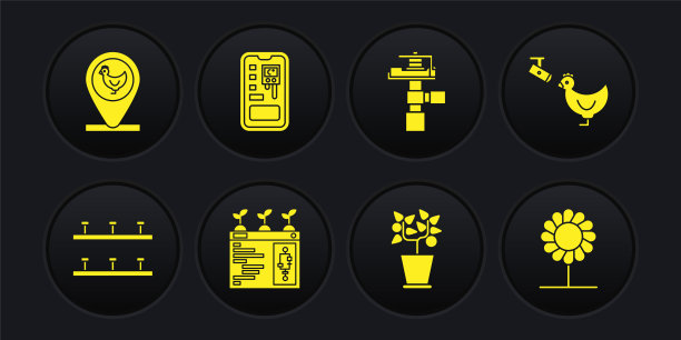 设置自动喷灌系统、鸡场及摄像头、智能养殖技术、盆栽、控制系统、花卉及位置图标。向量图片下载