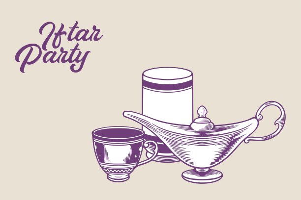 手绘的开斋月宴会斋月卡里姆元素作为伊斯兰装饰品与传统的阿拉伯菜孤立在浅紫色的背景上。图片下载