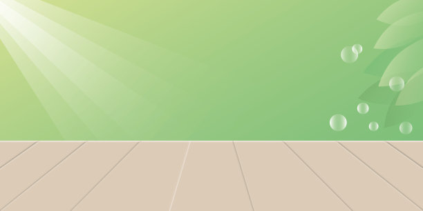 木制桌子，绿色背景上的光和叶子，室内背景设计，产品展示模型，春天。图片下载