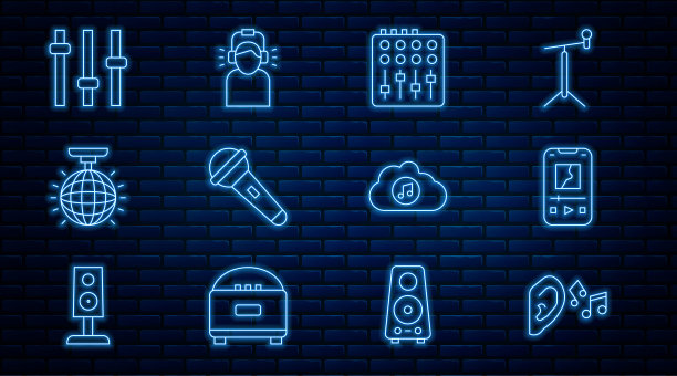 设置线耳朵听声音信号，音乐播放器，混音控制器，麦克风，迪斯科球，均衡器，流媒体服务和男子耳机图标。向量图片下载