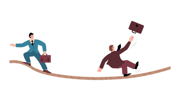 穿着西装的人走在绳子上，象征着商业挑战和失败，平面矢量图孤立在白色上。图片下载