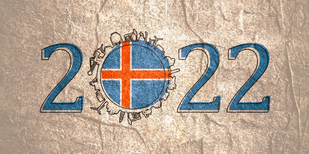 2022年数字，工业图标大约为零。冰岛的旗帜。图片下载