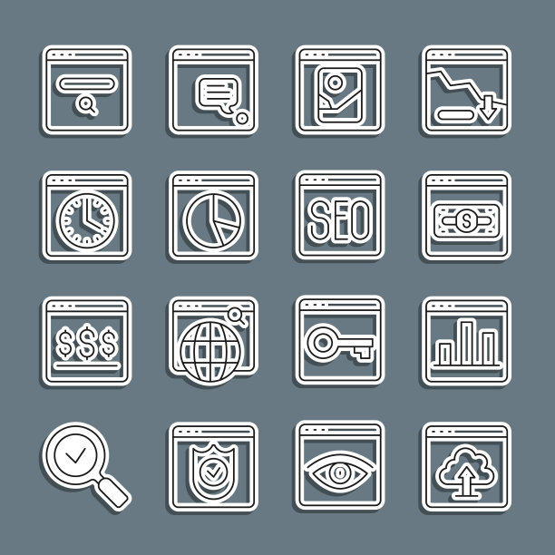 设置线云上传，图形图表信息图，在线购物屏幕上，照片修饰，浏览器窗口，搜索引擎和SEO优化图标。向量图片下载