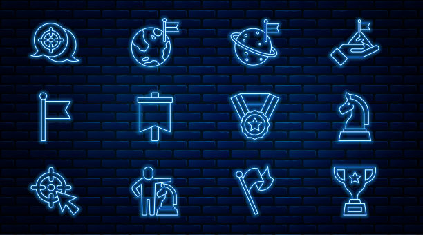 设置线奖励杯，象棋，月亮与旗帜，旗帜，目标，奖章和行星图标。向量图片下载