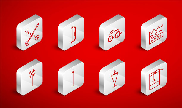 与桶，中世纪弓，木制四轮马车，国王皇冠，旗帜，交叉箭，矛和斧头图标。向量图片下载