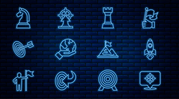 设置目标线，火箭船，国际象棋，手握地球仪，山脉与旗帜和图标。向量图片下载