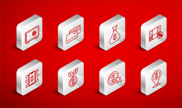 设置行现金位置，信用卡，钱袋，百分比，硬币与美元，安全，美元工厂和智能手机图标。向量图片下载