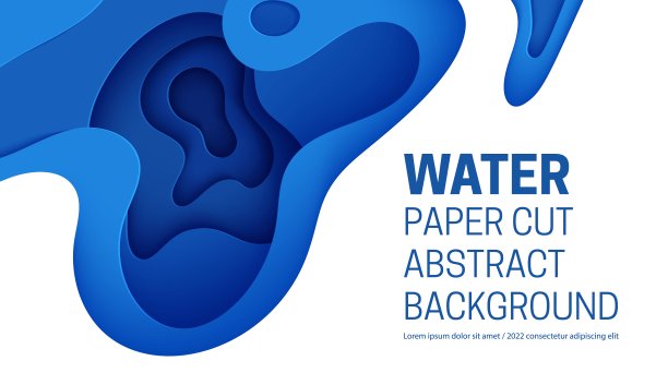抽象的背景与水波剪纸风格。3d壁纸与削减深波现代封面。蓝色图层与平滑阴影剪纸艺术。矢量插图，折纸形状图片下载