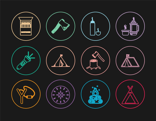 设置线旅游帐篷，旗帜，热水瓶，手电筒，打开火柴盒和火柴，木斧树桩和老木图标。向量图片下载