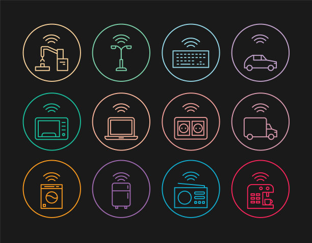 集生产线智能咖啡机，卡车，无线键盘，笔记本电脑，微波炉，机器人机械手，工厂，电源插座和路灯图标。向量图片下载