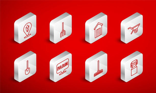 设置线罐容器牛奶，花园干草叉，木制户外厕所，手推车，耙子，位置玉米，农场和铲子图标。向量图片下载