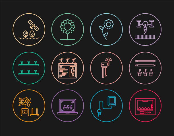 设有鸡蛋孵卵器，智能农场，花卉，农业技术，自动灌溉洒水器，无人机，路由器wi-fi信号和图标。向量图片下载