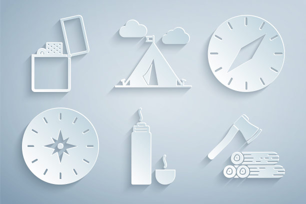 设置热水瓶容器，指南针，木斧和木材，旅游帐篷旗帜和打火机图标。向量图片下载