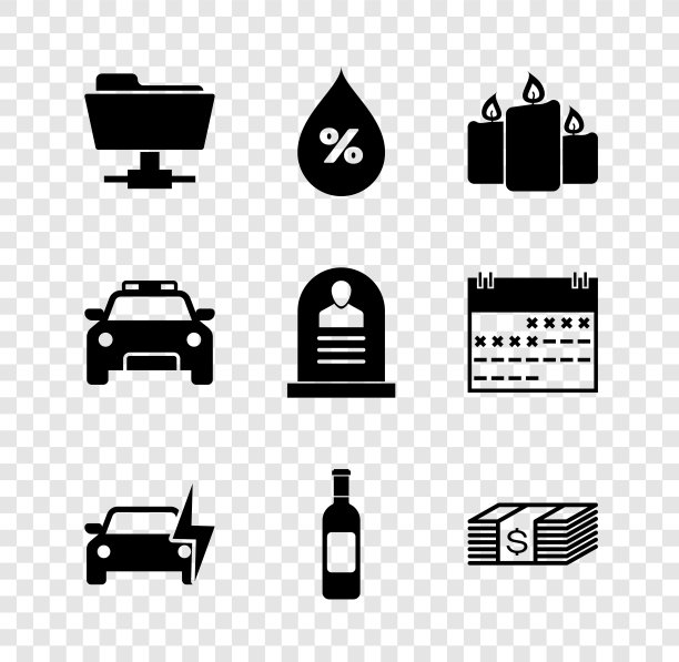 设置FTP文件夹，水滴百分比，燃烧的蜡烛，电动汽车，酒瓶和纸币美元现金图标。向量图片下载