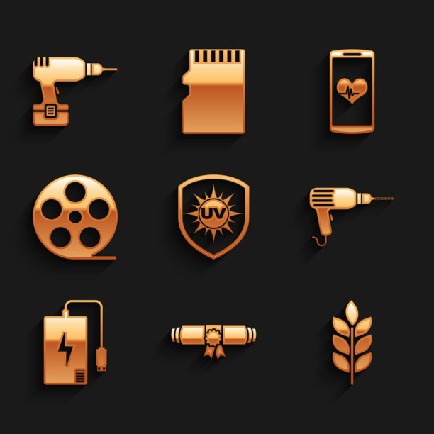 设置防紫外线，文凭卷，小麦，钻机，电源和胶卷卷轴图标。向量图片下载