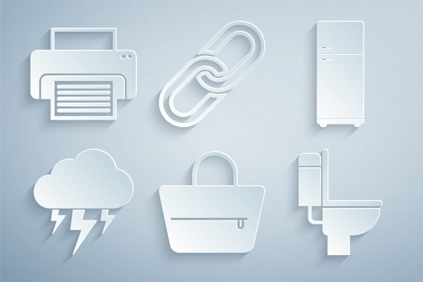 设置手袋，冰箱，风暴，抽水马桶，链扣和打印机图标。向量图片下载