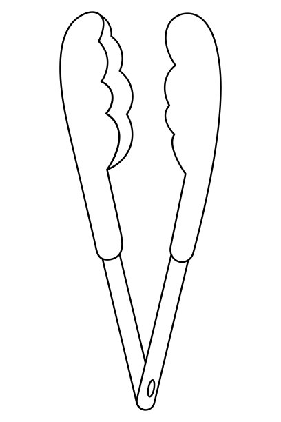烧烤钳。大钳由铰链连接的两部分组成。草图。用来把食物从烤架上翻动和取出的工具。矢量插图。着色。图片下载