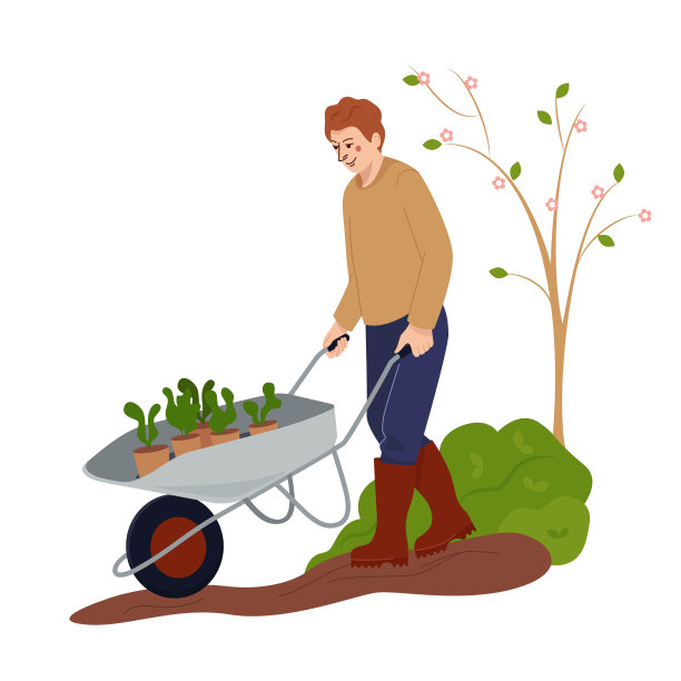 农民推着春苗手推车。农场工人开着花车。春天在菜园里干活。彩色平面矢量插图孤立在白色背景上图片下载