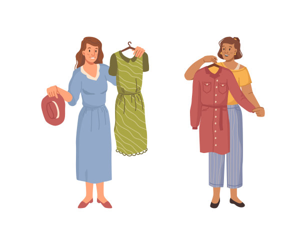 女孩试衣服和帽子饰品。向量女人逛街选衣服，女人决定穿什么。在商店或专卖店购买服装。衣着孤立的女性，平面的卡通图片下载