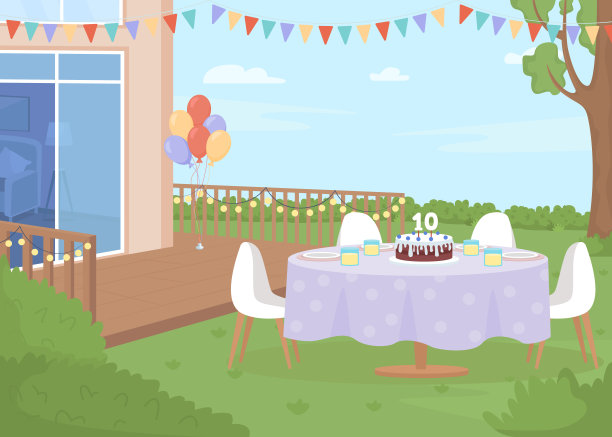 户外儿童生日平面颜色矢量插图图片下载