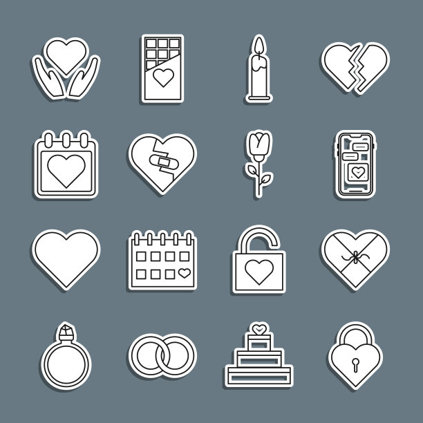 设置线城堡在形状的心脏，糖果形状的盒子，移动与，燃烧的蜡烛，愈合破碎，日历，心手和花玫瑰图标。向量图片下载