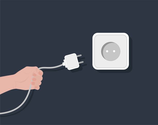 插座和插头。 连接或断开设备的电源。电网。一个男人手里拿着一根绳子。 矢量插图在卡通风格。图片下载