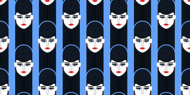 美丽的脸女孩与复古时尚80年代化妆和抽象复古未来发型无缝模式图片下载