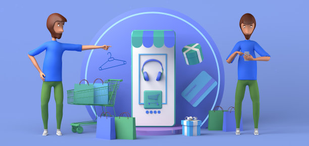 男人用智能手机网购。副本的空间。3 d演示。卡通。图片下载