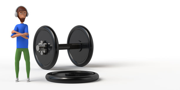 准备好带着耳机进行举重运动了。副本的空间。3 d演示。卡通。图片下载