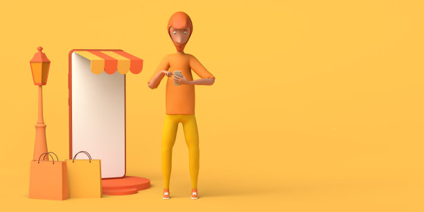 男人用智能手机网购。副本的空间。3 d演示。卡通。图片下载