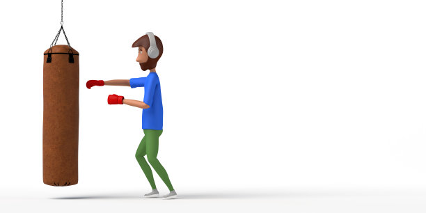 男子用拳击袋和拳击手套练习拳击。心血管运动。副本的空间。3 d演示。卡通。图片下载