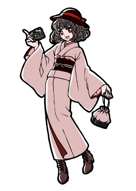 动漫风格的全身插图和服女孩与相机图片下载