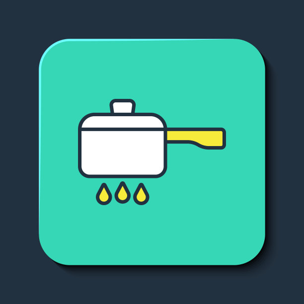 填充轮廓烹饪锅在火图标孤立在蓝色背景上。象征煮或炖的食物。绿松石平方按钮。向量图片下载