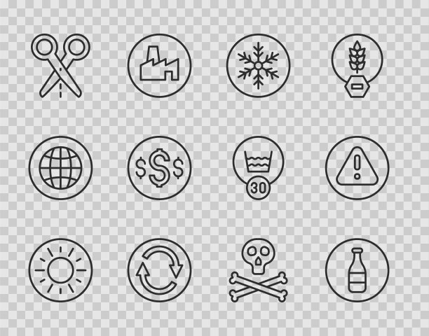 设置线太阳，瓶子，雪花，回收符号，剪刀剪纸线，美元，骨头和头骨警告和感叹号三角形图标。向量图片下载