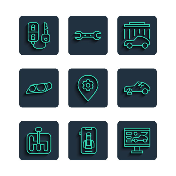 设置线路换挡，在线汽车服务，诊断条件，洗车，位置与，车头灯，遥控键和破碎图标。向量图片下载
