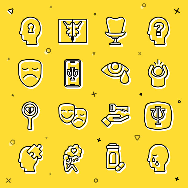 设置线男人坟墓葬礼悲伤，心理学，Psi，愤怒，扶手椅，心理学家在线，戏剧戏剧面具，解决问题和眼泪哭眼睛图标。向量图片下载