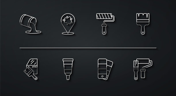 设置线油漆桶，汽车喷漆，刷，调色板指南，管，喷雾器，滚轮和图标。向量图片下载