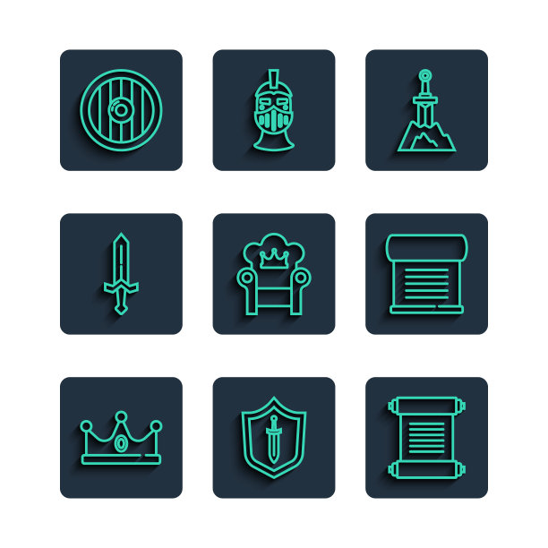 设置线国王王冠，中世纪盾牌与剑，法令，羊皮纸，卷轴，剑石，宝座，圆形木制和图标。向量图片下载