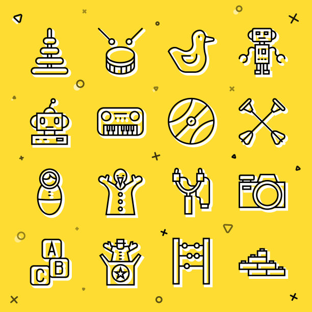 玩具积木砖，相机，吸盘箭头，橡皮鸭，钢琴，机器人玩具，金字塔和篮球图标。向量图片下载