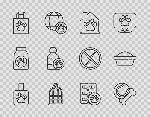 集宠物洗发水，玩具骨胶和球，房子，鸟笼，购物袋宠物，狗药丸和食物碗图标。向量图片下载