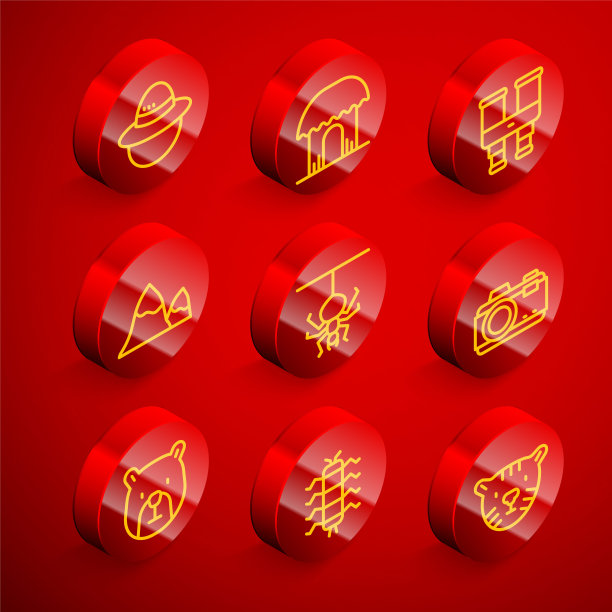 设置线野营帽，非洲小屋，双筒望远镜，山，蜘蛛，照片相机，熊头和蜈蚣昆虫图标。向量图片下载