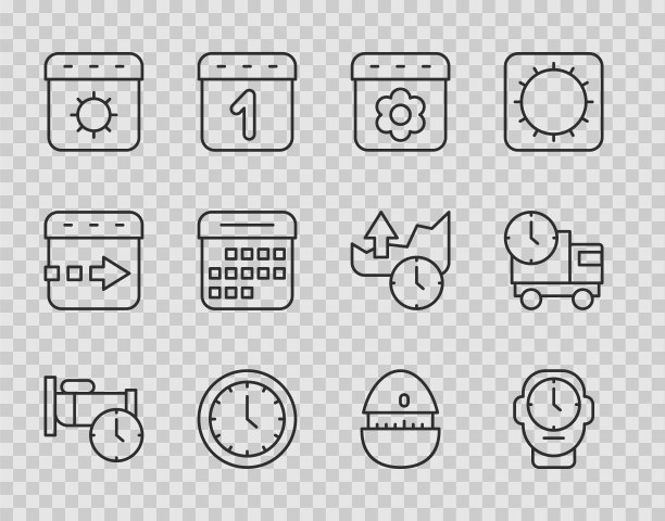 设置线时间睡觉，时钟，日历春天，夏天，厨房定时器和送货卡车和图标。向量图片下载